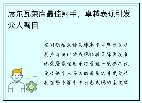 席尔瓦荣膺最佳射手，卓越表现引发众人瞩目